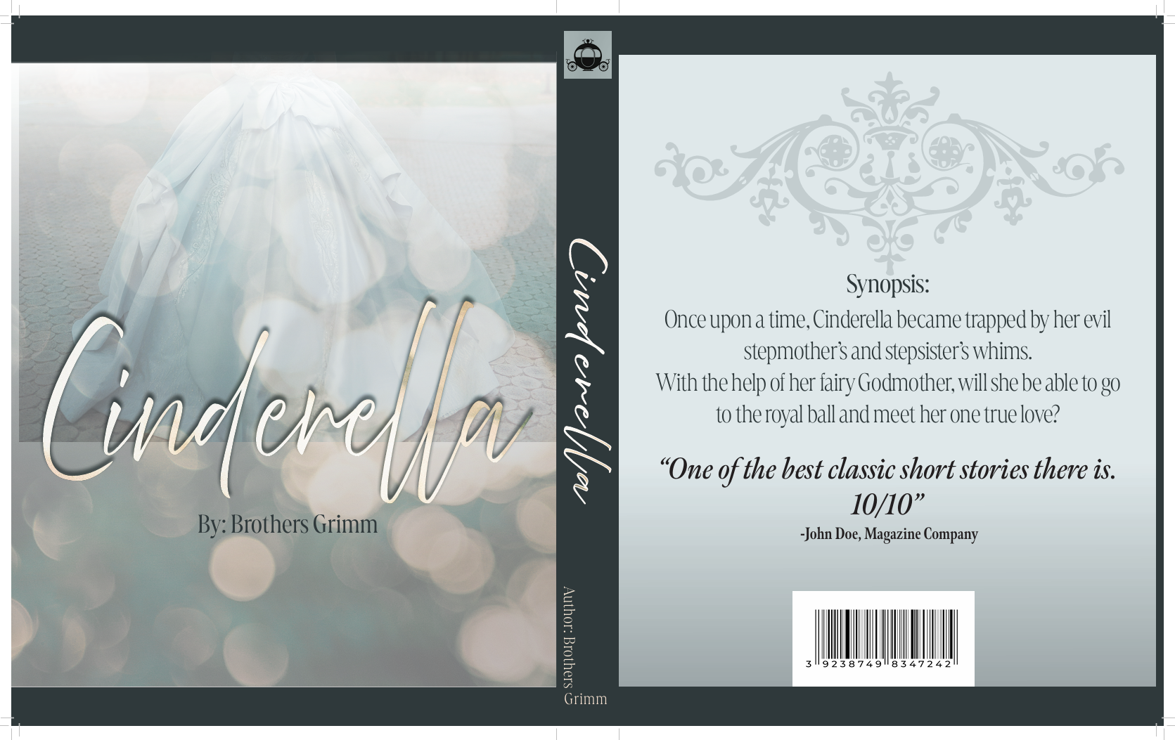 Cinderella book jacket with front cover, spine, and back