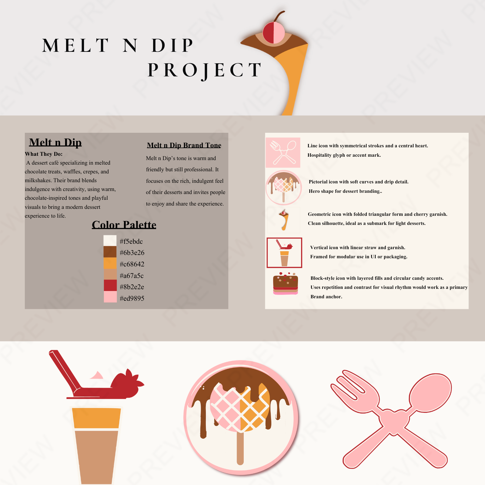 Melt n Dip brand board with dessert icons and color palette