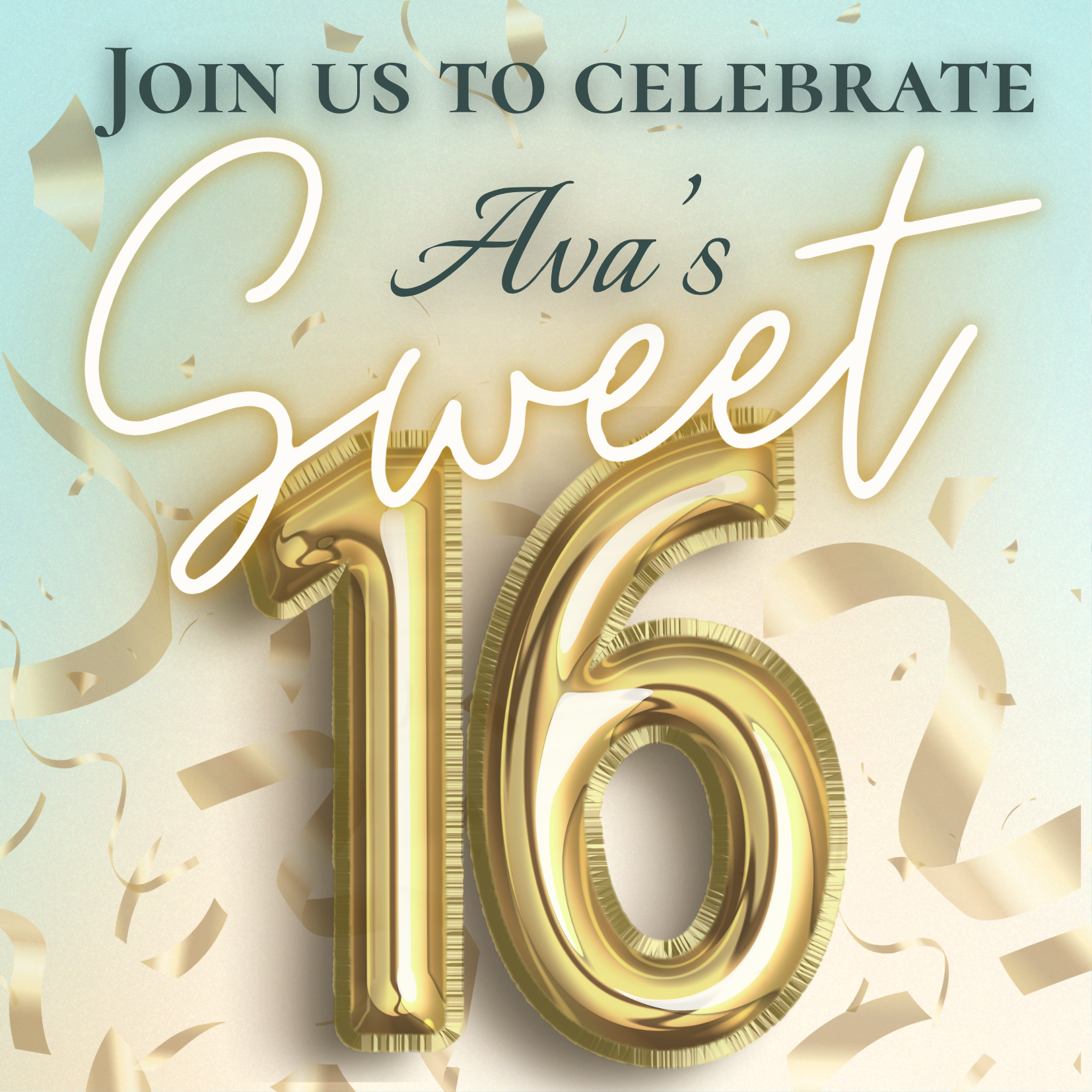 Ava's Sweet 16 invitation with gold foil balloon numerals