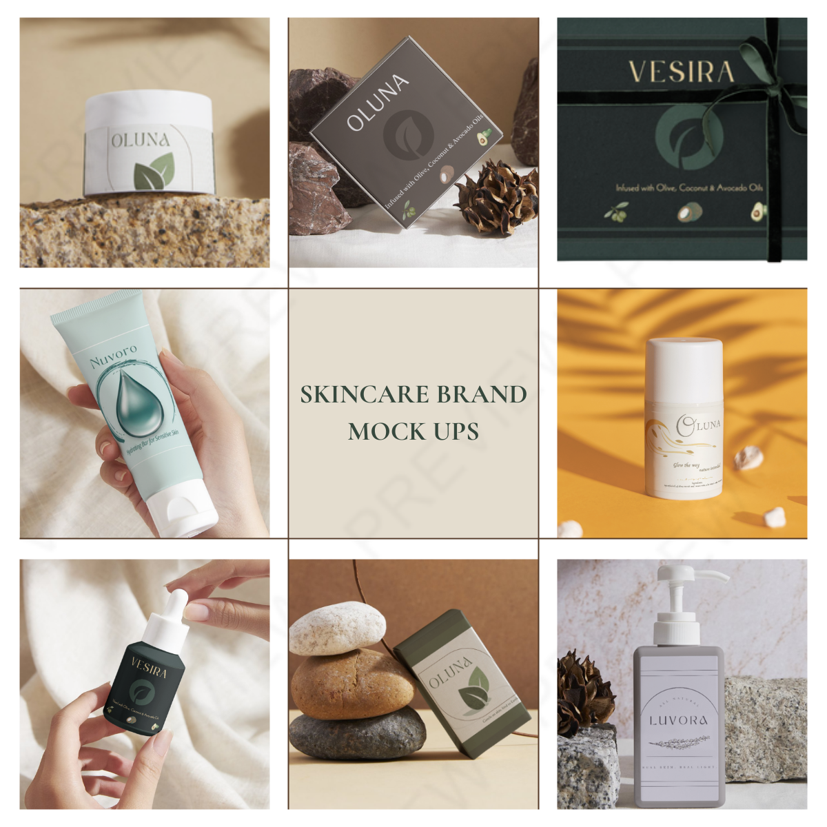 OLUNA, NUVORO, and VESIRA packaging and product mockups